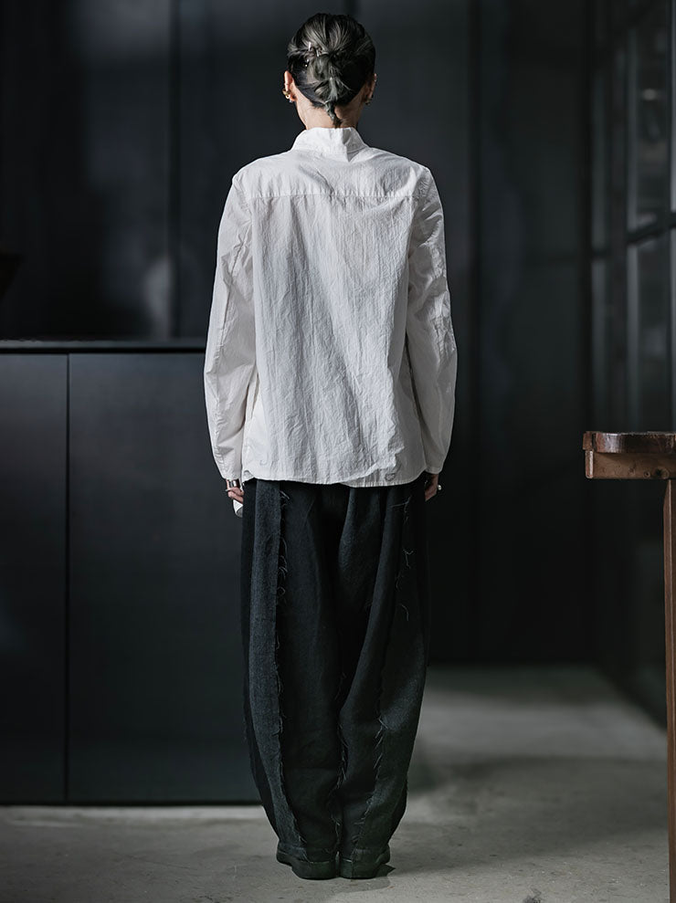 CHIAHUNG SU<br>WOMENS WRINKLE MANDARIN COLLAR SHIRT / WHITE