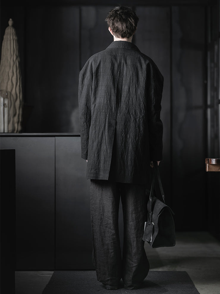 CHIAHUNG-SU<br>SINGLE BREAST YARN DYED & HAND WOVEN STRIPE COAT / BLACK STRIPE