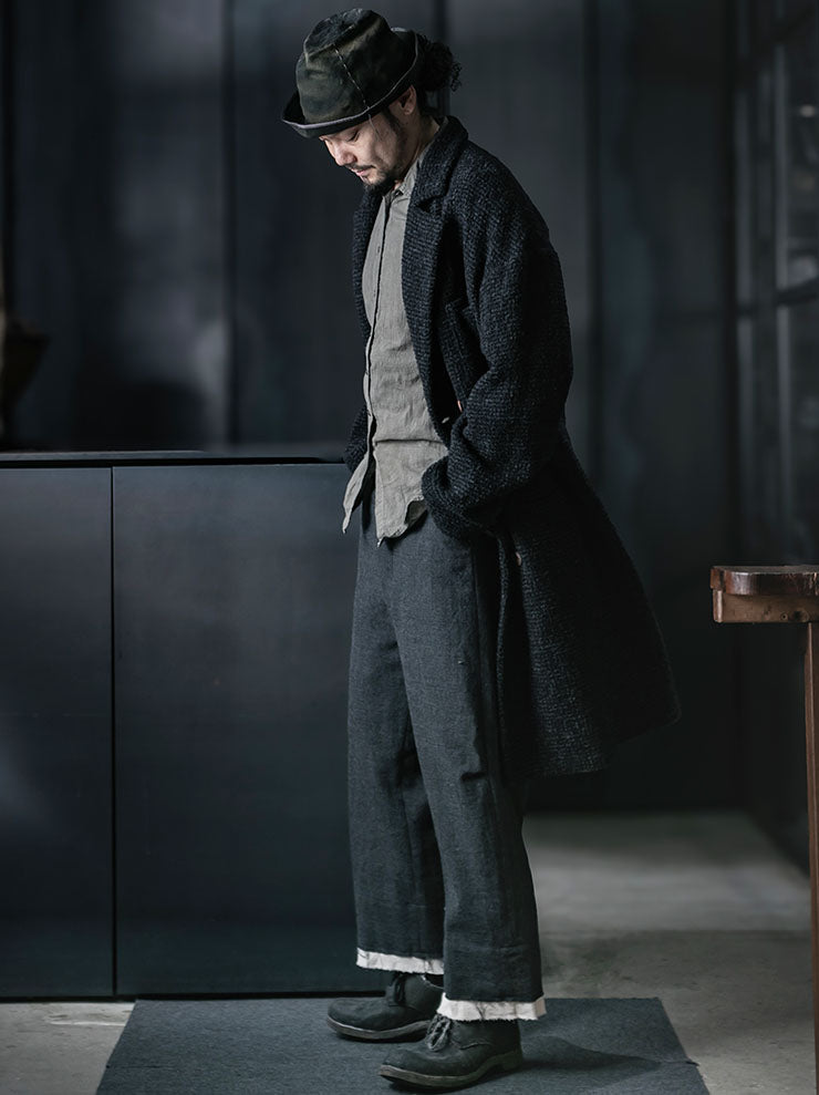 CHIAHUNG SU<br>MENS HAND WOVEN DOUBLE BREAST WOOLEN COAT / DARK GREY & BLACK