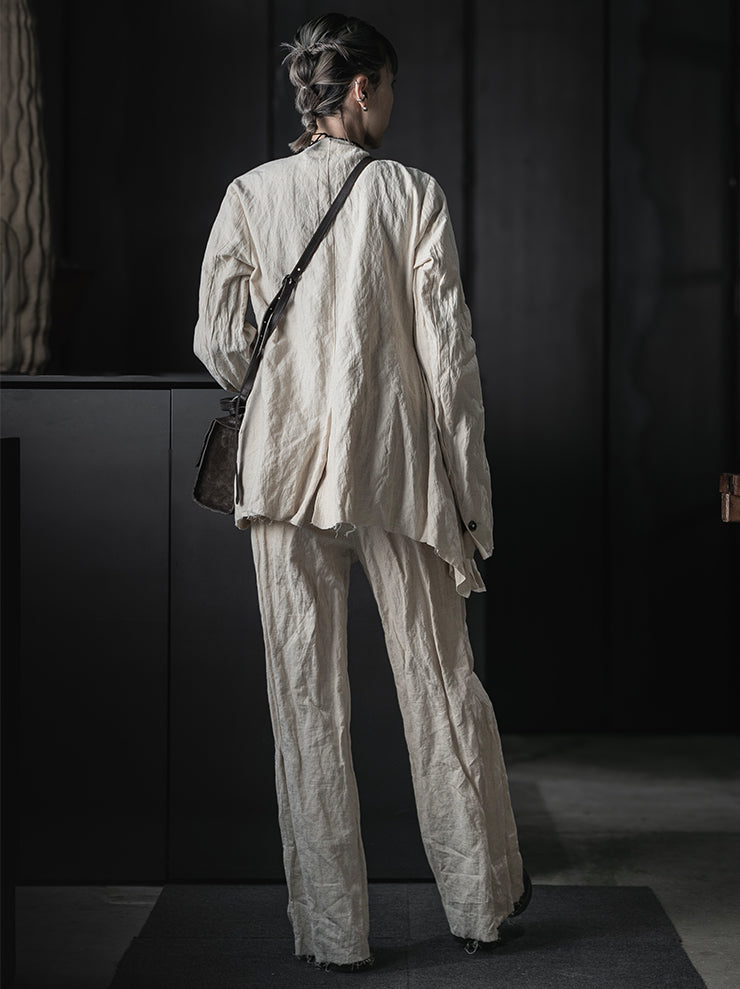 CHIAHUNG SU<br>HAND-DYED & WOVEN LAYERING RAW EDGE BLAZER / ECRU