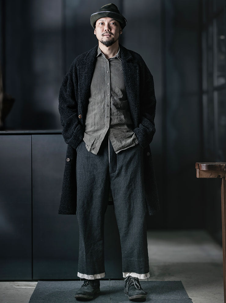 CHIAHUNG SU<br>MENS HAND WOVEN & WIDE STRAPPING TROUSER WITH LINING / GREY