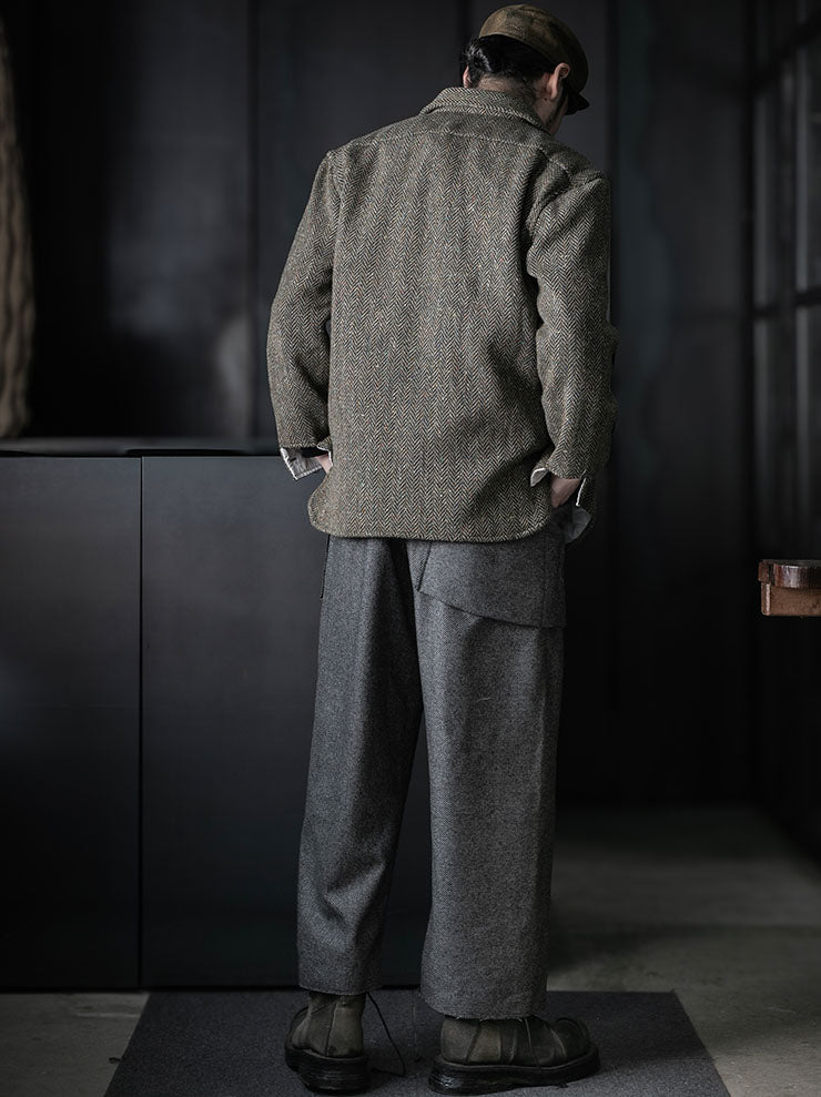 MONAD<br> Grogan Oversized work shirt / Green × Black Herringbone w/multicoloured Nep