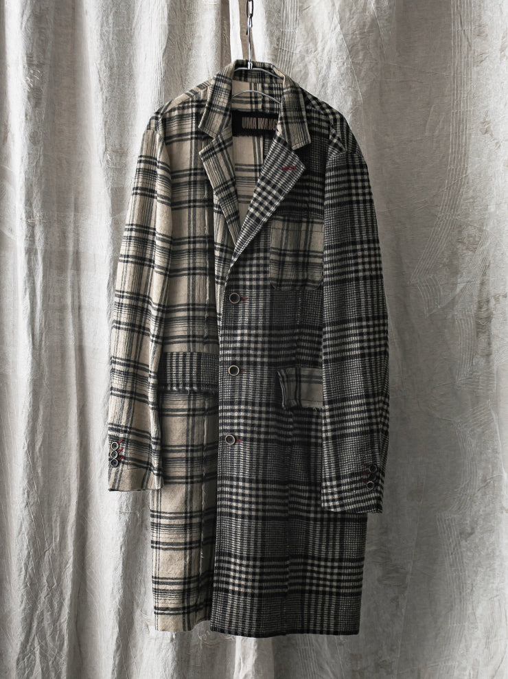 UMA WANG<br> Switchable check wool coat / TAN &amp; BLACK