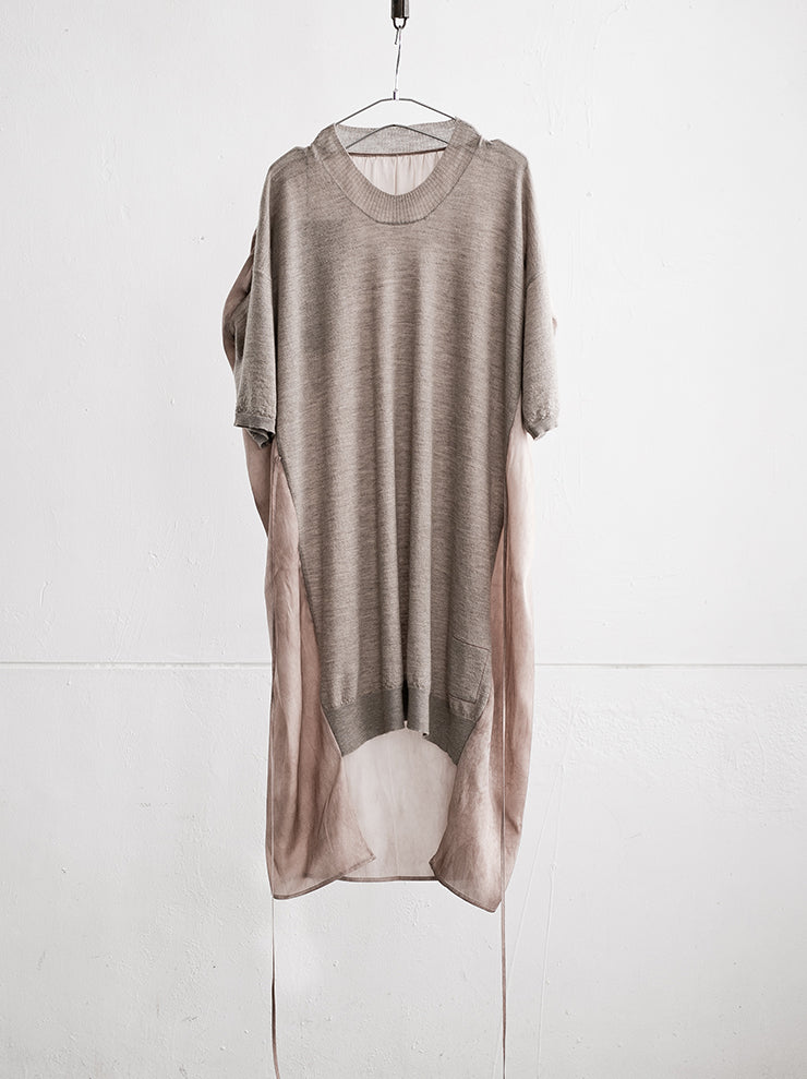 UMA WANG <br>Back silk short sleeve knit dress / TAN×ROSE