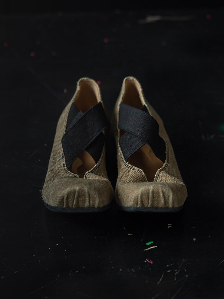 UMA WANG<br> WOMENS canvas ballet shoes / TAN × BLACK