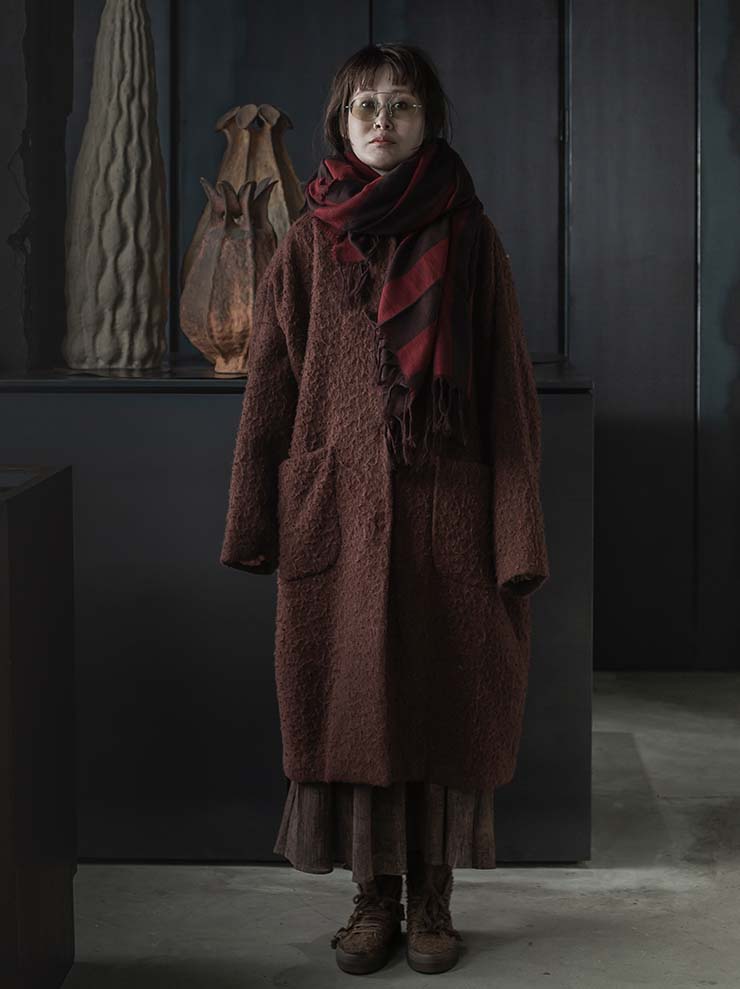 UMA WANG<br> Womens collarless coat / DARK RED