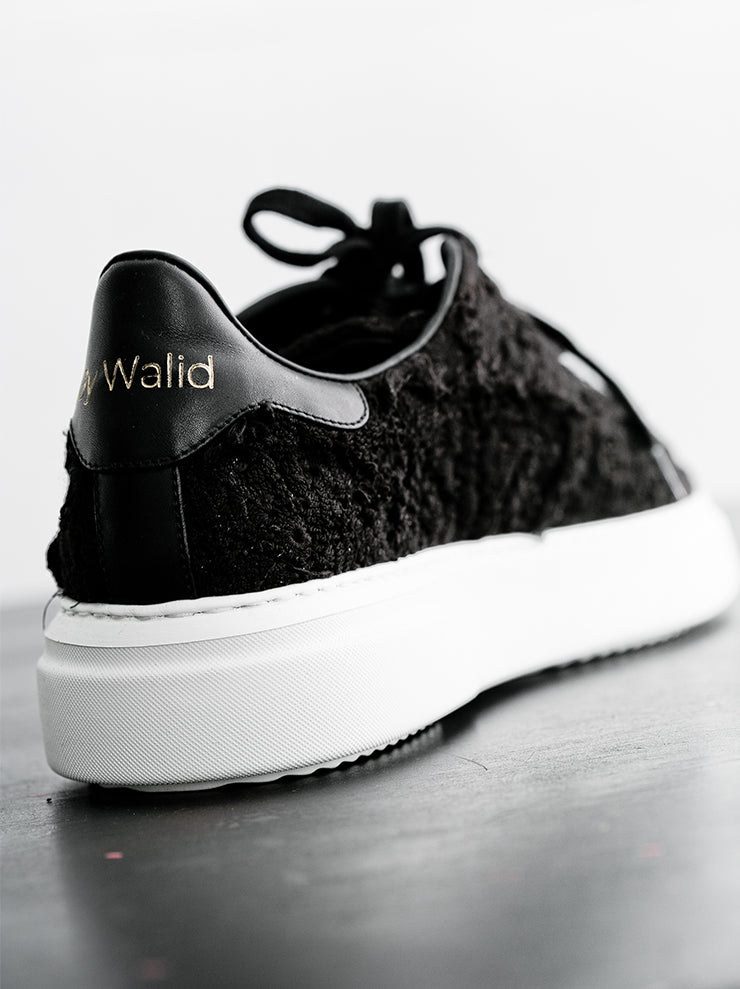 By Walid<br> Round toe lace up sneakers BLACK / 19th century hand dyed french lace
